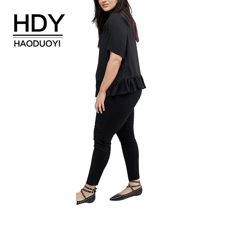 

HDY Haoduoyi Plus Size Solid Black Women Dresses Commuter Wild Hem Ruffled Five-point Sleeve Short Large Size Summer T-shirt