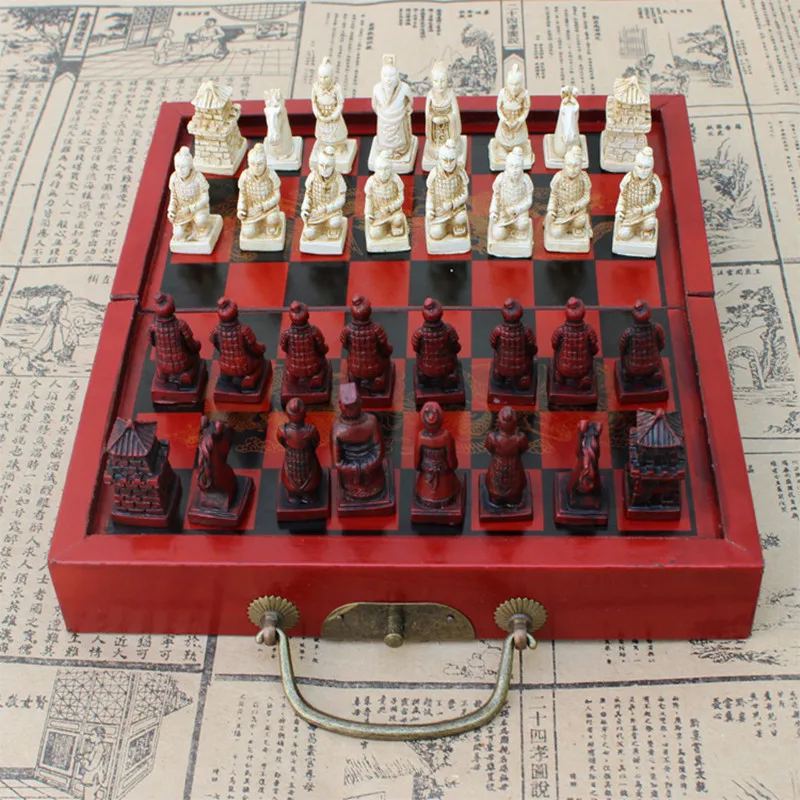 

Collectibles Vintage Chinese Terracotta Warriors Style Foldable Fold 32 Chess Set & Leather Wood Box Table Chess 027F