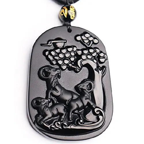 Koraba Fine Jewelry Hand Carved Natural Obsidian Eye Pendant Wishful Three Sheep Necklace Free Shipping | Украшения и аксессуары