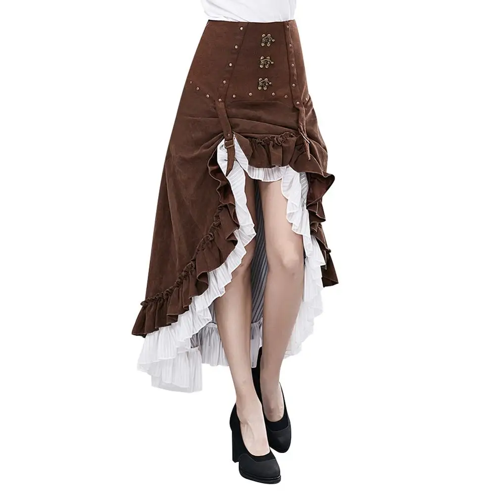 Gear Duke Women Novelty Steampunk Gorgeous Fashion Victorian Ruffled Long Skirt Women's Vintage High Waist Skirt - Цвет: coffee