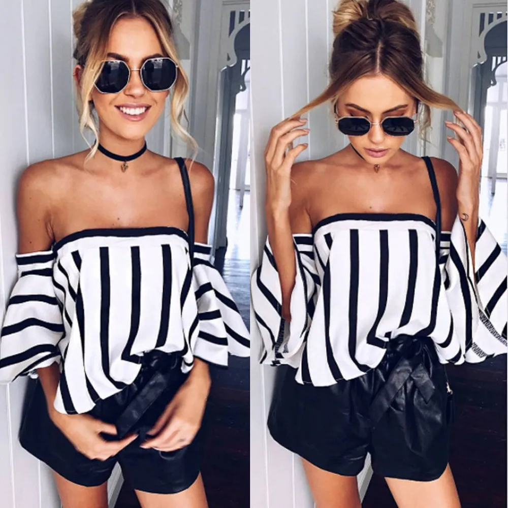 

Summer women striped T-shirt 2019 new ladies fashion casual strapless five-point sleeve short T-shirt tops camiseta mujer