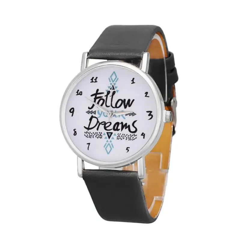 Идеальный подарок, женские часы, следуют за словами мечты, узор, кожа, кварцевые часы, Levert relógio feminino# yl - Цвет: Black