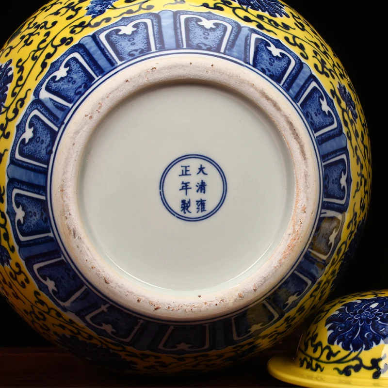 Jingdezhen Античная желтая глазурь сине белая большая банка для хранения китайская
