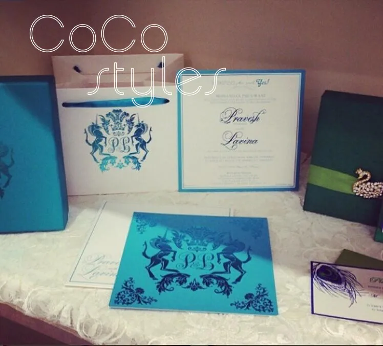 Cocostyles bespoke exquisite blue debossed design invitation card with matching envelope for royal  - 32891894330