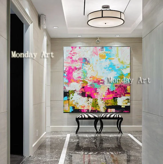 35 Abstract art pink blue white giclee square colorful modern contemporary art large geometric canvas living room decor office