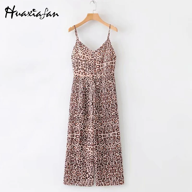 Huaxiafan Strap Jumpsuits For Women Vintage Leopard Print Ankle-Length Pants Backless Long Rompers Womens Overalls Female 2019