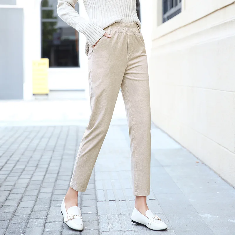 Для женщин Мода кружево до Harajuku вельветовые Слаксы уличная Корея Slim Fit Высокая талия плюс размеры утолщаются прямые брюки