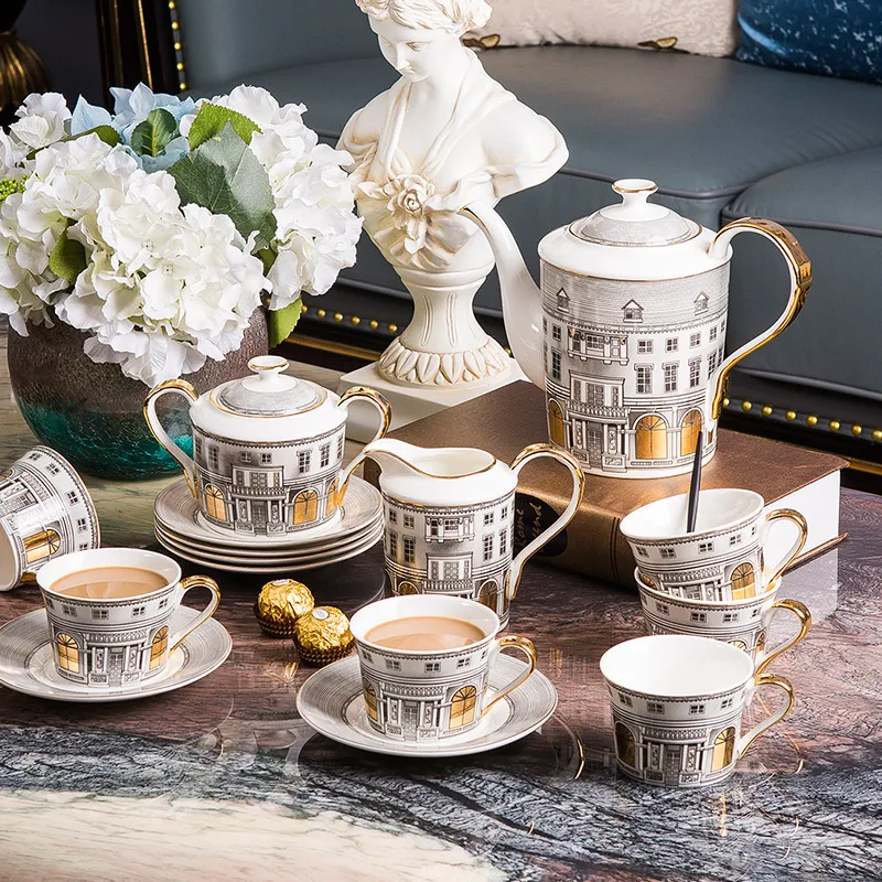 

11Pcs/Set Architettura Design Bone China Tea Coffee Pot Milk Pot Sugar Bowl Cup and Saucer Set Retro Swan Castle