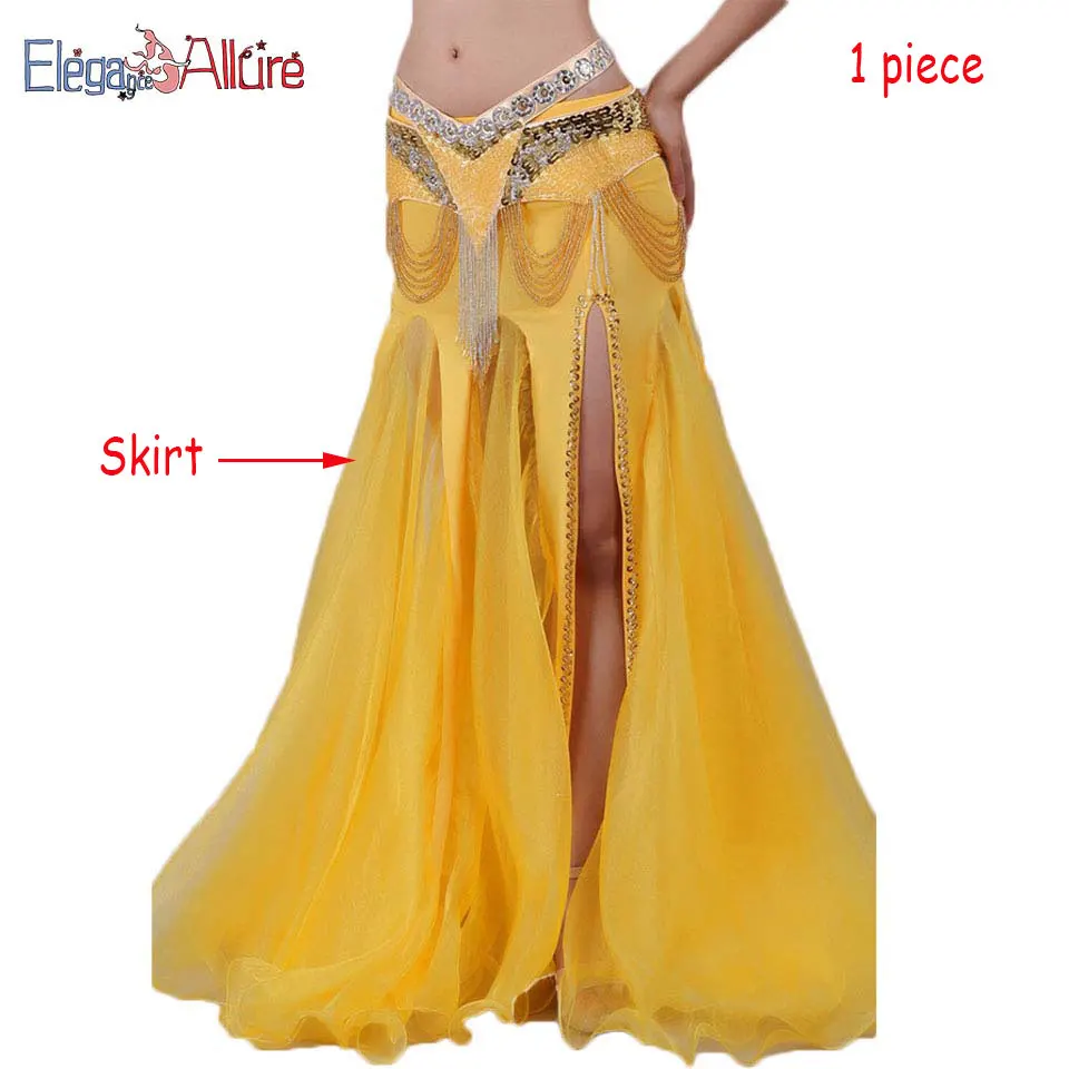 E&A, 2 шт., женский костюм для танца живота, комплект для выступлений, набор для танца живота, модный топ, пояс, ожерелье, браслет, юбка, Одежда для танцев - Цвет: Yellow Skirt