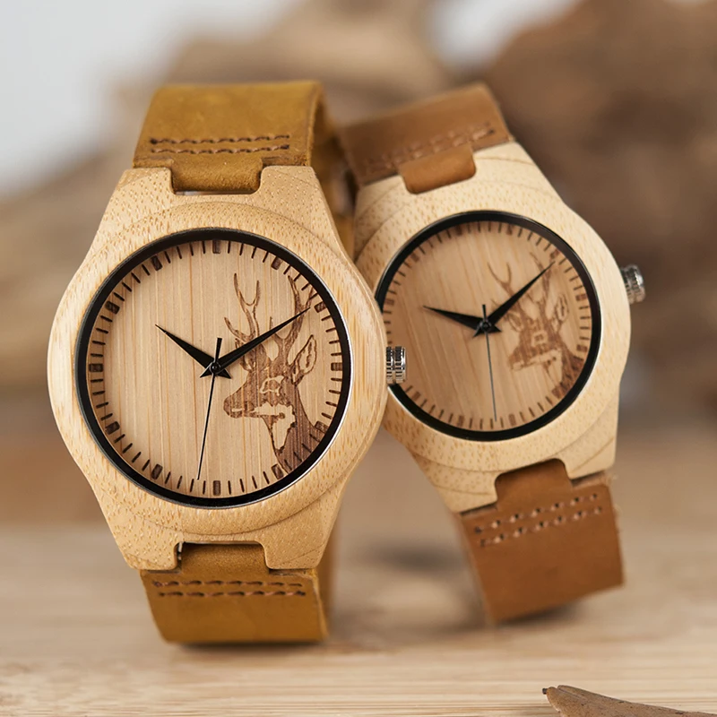 deer-head-design-mens-women's-size-bamboo-wooden-watches-luxury-wooden-quartz-watches-with-brown-leather-strap