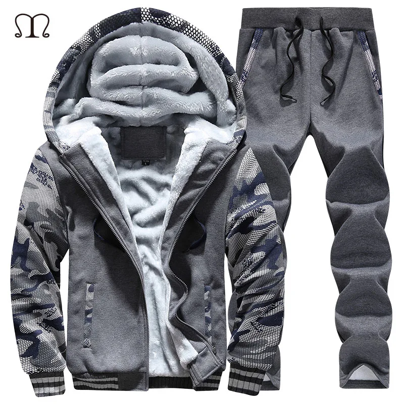

Tracksuit Men Camouflage Army Casual Hooded Warm Sweatshirt Male Winter Thick Inner Fleece 2PC Jacket+Pant Men Moleton Masculino