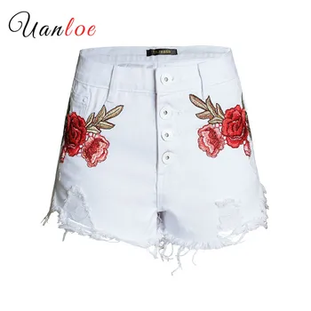 

2019 New Arrive Cool Jeans High Waist Summer White Shorts Women Flower Embroidery Plus Size Women Denim Shorts Feminino