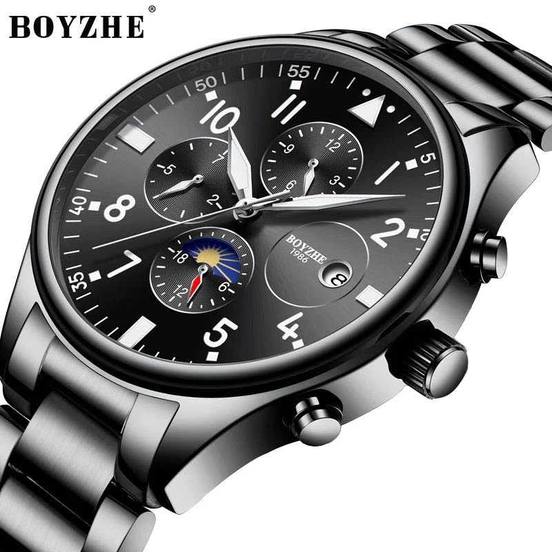 

BOYZHE Automatic Mechanical Men Watch Fashion Top Brand Sports Watches Moon Phase Stainless Steel Black Relogio Masculino 2019