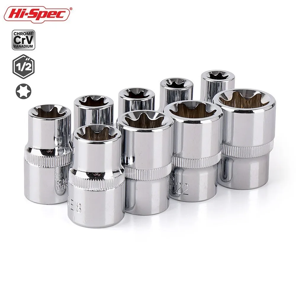 

Hi-Spec 9pc 1/2 E Star Torx Socket Set E10-24 Spanner Set Adapter for Torque Spanner Mini Ratchet Socket Wrench Repair Hand Tool