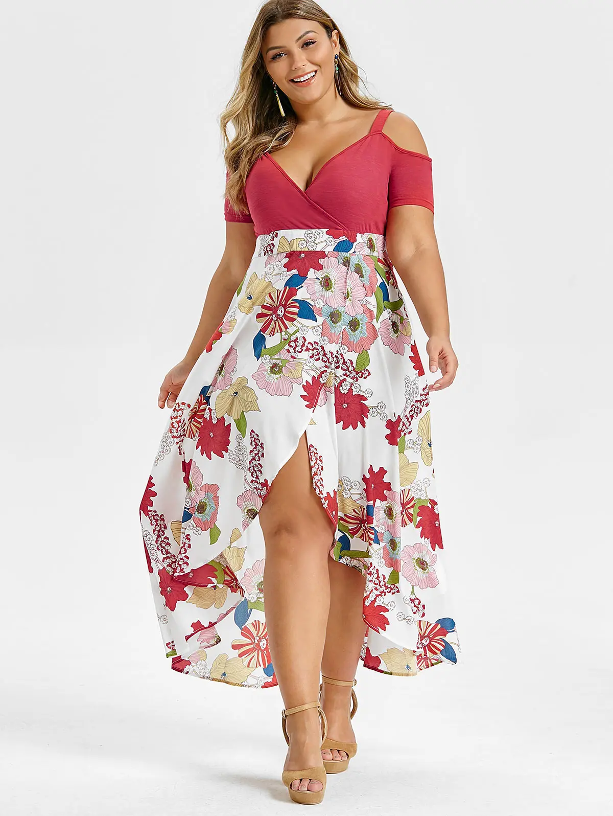 Rosegal размера плюс с открытыми плечами цветочное нахлест Макси Платье асимметричное с короткими рукавами с вырезами Высокая талия v-образным вырезом богемное платье