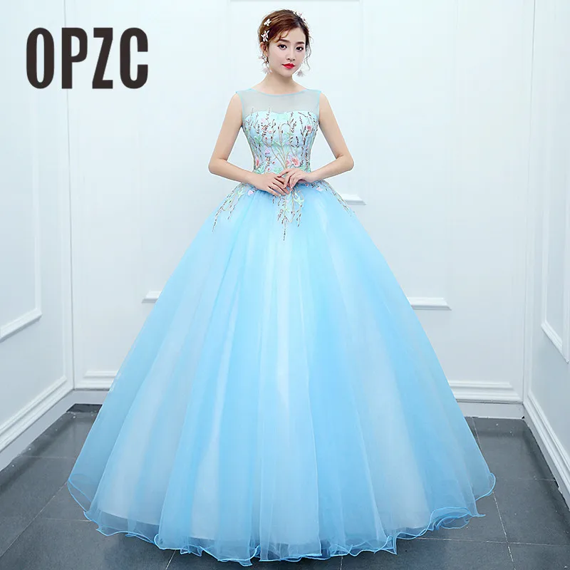 

OPZC 2020 New Arrival Long Evening Dress Sleeveless O-Neck Lace Appliques Flower Illusion Gown for Formal Party Show Wedding
