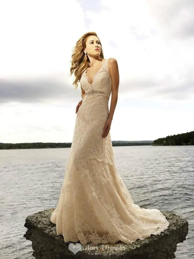 Free Shipping Noble Champagne Lace Tulle V-neck Beach Wedding Dress sleeveless Bridal gown size 2 4 6 8 10 12 14 16 18 | Свадьбы и