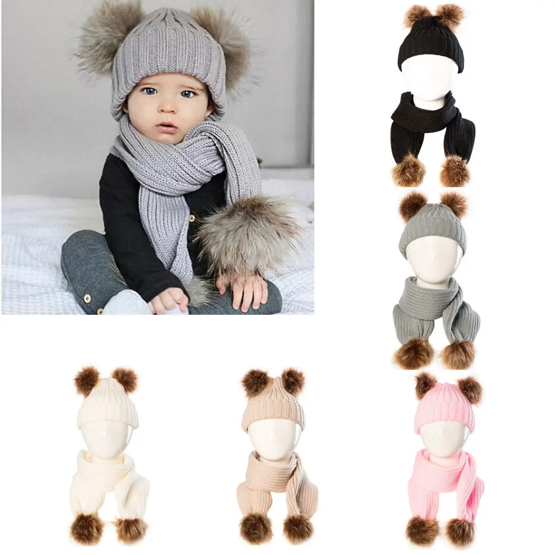0-24 м Симпатичные новорожденных одежда для малышей Детские теплые зимние вязаные шапка двойной Пипидастр шерсть мяч шапочка Кепки шарф 2 шт. Интимные аксессуары
