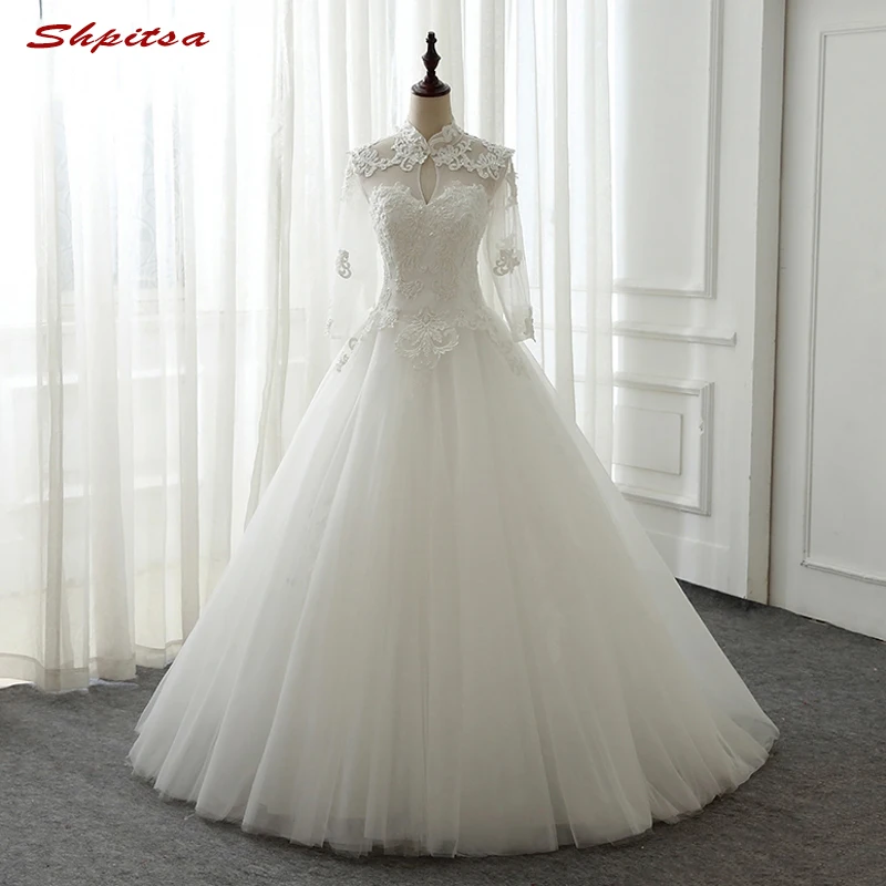 Long Sleeve Lace Wedding Dresses High Neck Pearls Wedding Gowns Weding