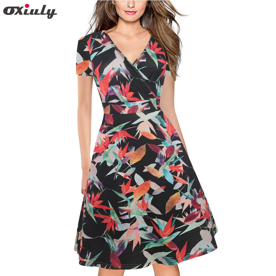 

Oxiuly Vintage Floral Printed Sexy Deep V Neck Pinup Vestidos A-Line Business Women Party Flare Swing Skater Dress