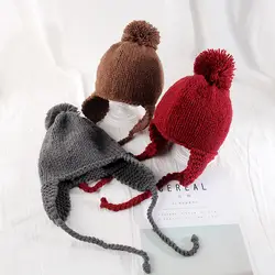 Детская вязаная шапка-бомбер, Повседневная вязаная шапка-помпон, зимняя шапка для мальчиков и девочек, уличная зимняя детская Шапка-бини с