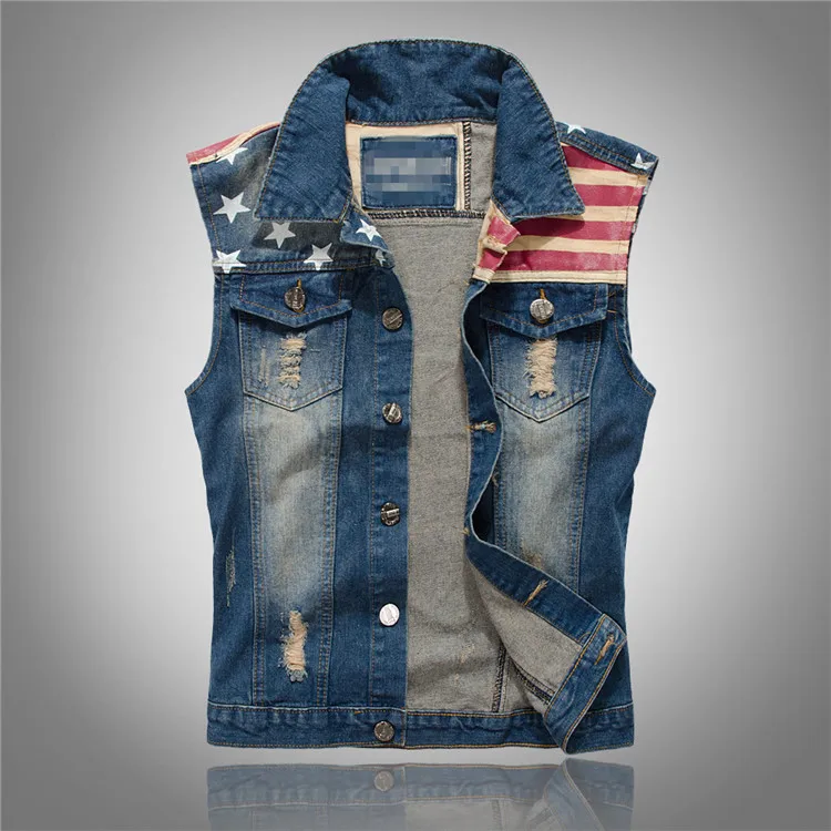 

2019 Autumn korean Denim Vest Men Casual Print American Flag Pentagram Cotton Jacket Vests Man Plus Size Motorcycle Jean Outwear