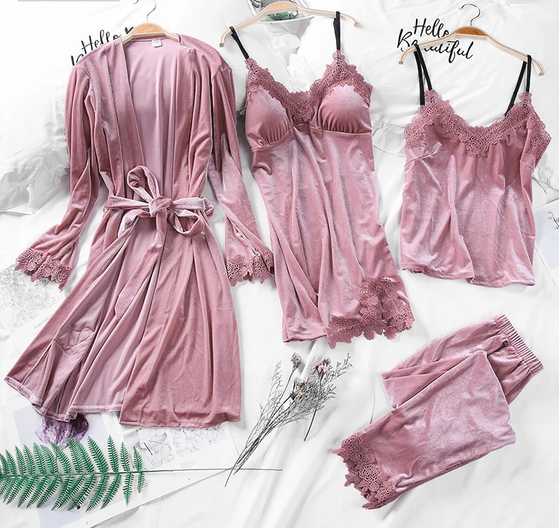 4PCS Nightdress Women Sleepwear Pajama Sets Gold Velvet Pyjama Femme Warm Winter Nightgown Home Night Dress M L XL Nightwear   5