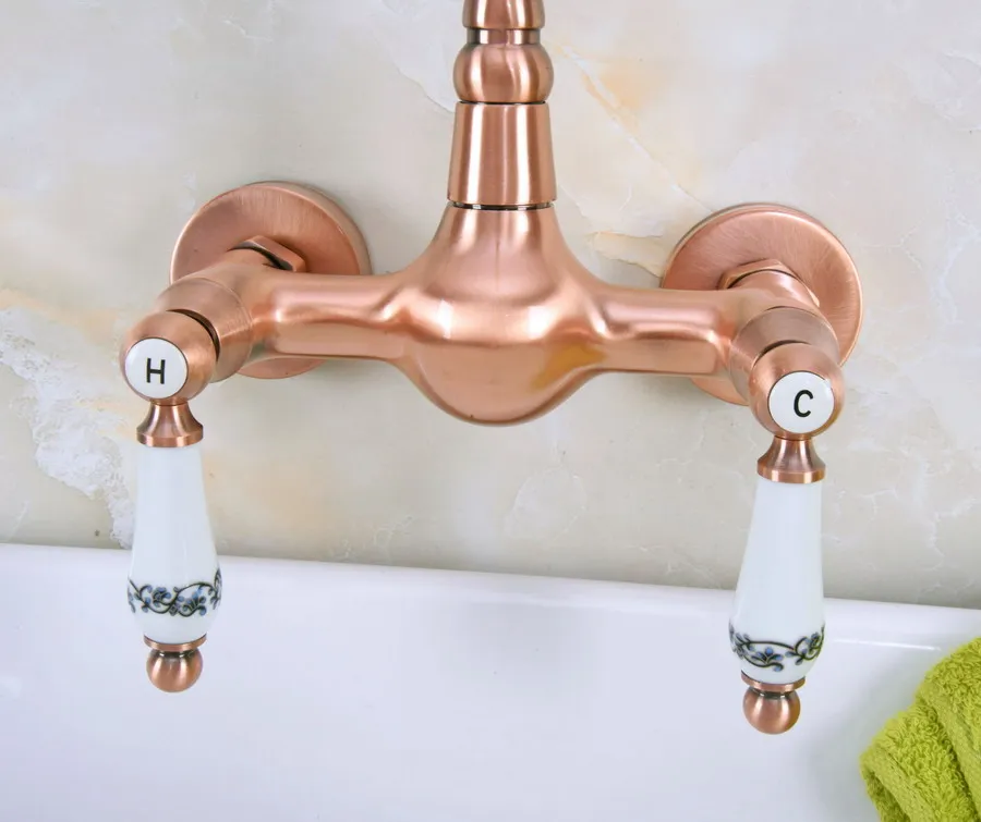 Antique Red Copper Brass Wall Mounted Bathroom Kitchen Sink Faucet Swivel Spout Mixer Tap Dual Ceramics Handles Levers anf952