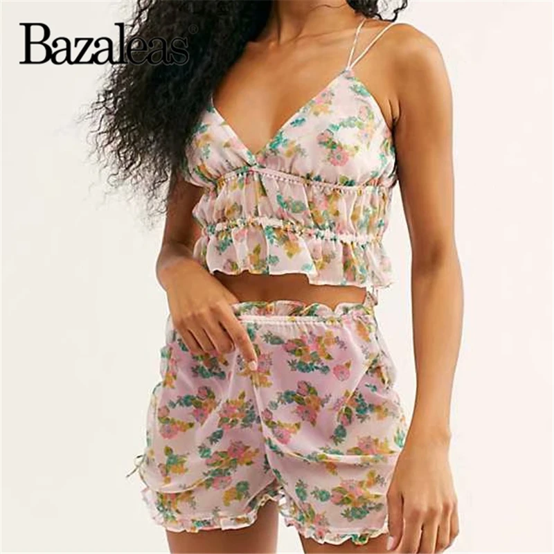 

Bazaleas Vintage Floral Print 2 piece set Summer clothes for women Ruffles Tie two piece set Fashion tracksuit drop shipping