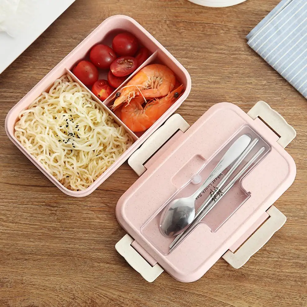 

New Wheat Lunch Box Easylock Bento Boxes with Spoon Chopsticks 3 Compartments Food Container Office Worker Student Lunchbox 1