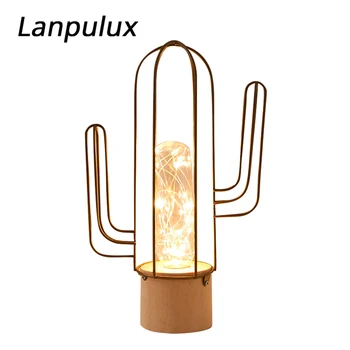 

Lanpulux Cactus Table Lamps Wood Base Iron Art Night Light Bedroom Living Room Lamp LED E27 Living Room Decor Lighting Fixtures