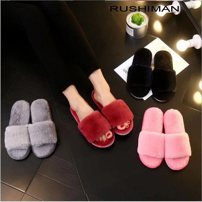 

2018 winter fashion big fluffy slippers abb cotton base cloth slippers female indoor antiskid red shoes at home 35-40