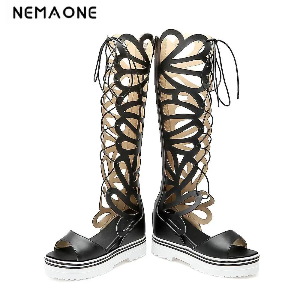 Negro Botas Amarillo Rojo Rodilla Tacón Zapatos Hollow Cuñas qzpSUMVG