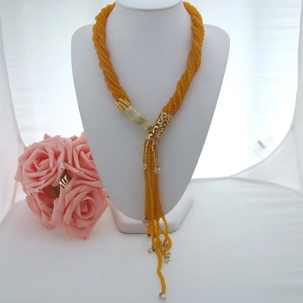 

AB051701 8 Strands Yellow Round Stone Crystal Necklace CZ Connector 22''