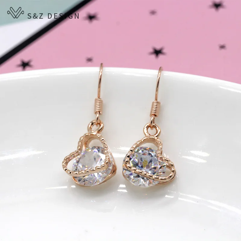 

S&Z Attractive Design 585 Gold Color Heart Shape CZ Cubic Zirconia Woman Girl's Dangle Warrings For Gift