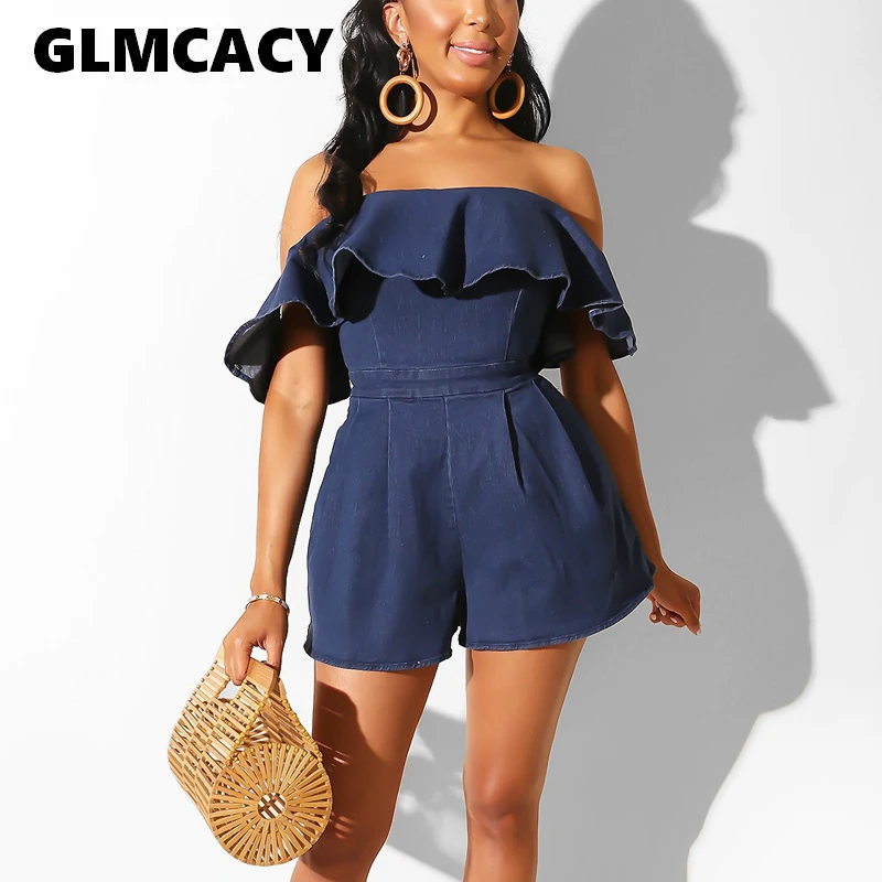 

Women Summer Off Shoulder Rompers Fold Over Denim Short Playsuits Sexy Elegant Streetwear Club Party Playsuit