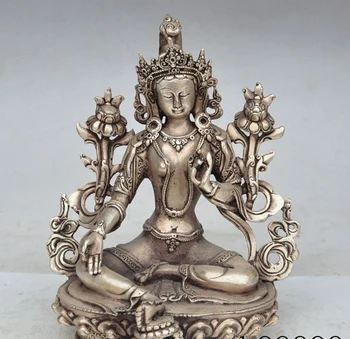 

8" chinese buddhism silver green tara Kwan-Yin Bodhisattva goddess buddha statue