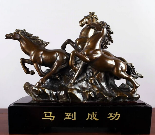 

Chinese Feng Shui Copper Bronze auspicious Gallop Run Three Horses Art Statue Copper garden decoration