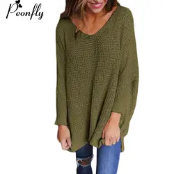 PEONFLY женские вязаный свитер большого размера Осень Зима с длинным рукавом v-образный вырез свободные пуловеры модные повседневные Джемперы