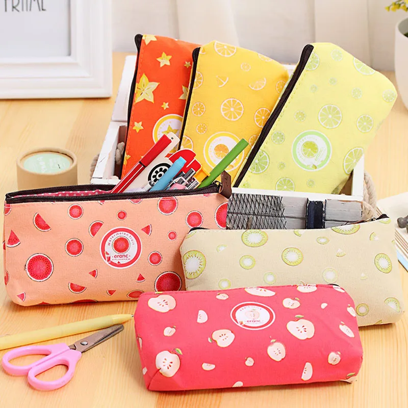 

New cute kawaii Candy Color fruit pen pencil case canvas Multifunction stationery zipper bag School Supplies Free shipping BD28