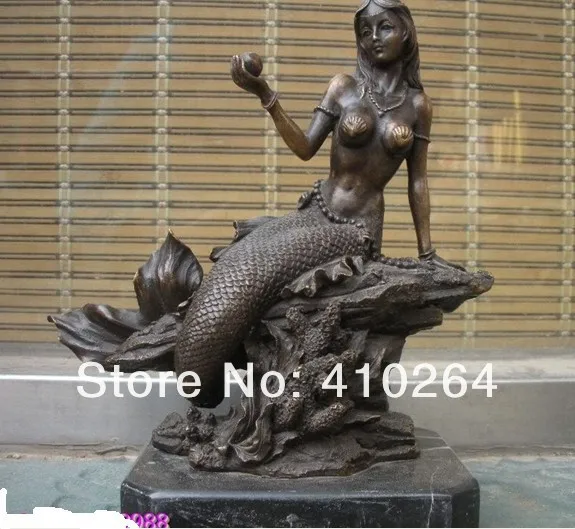 

Shipping H 9"pure Bronze Marble Mermaid Marine's daughter Art Classic sculpture Statue Statue discount 30%