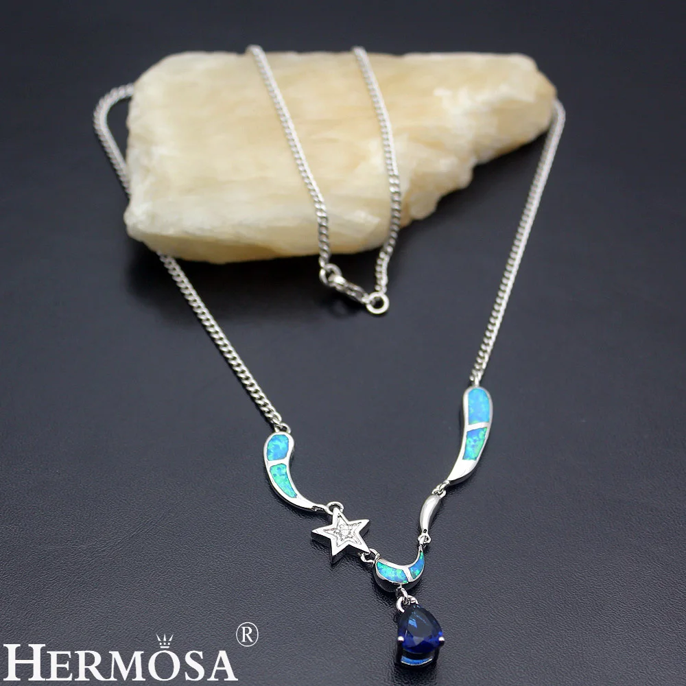 Dreamy Fire Australian Opal Star & Moon Design Elegant Womens Jewelry 925 Sterling Silver Pendant Necklace 19 Inch