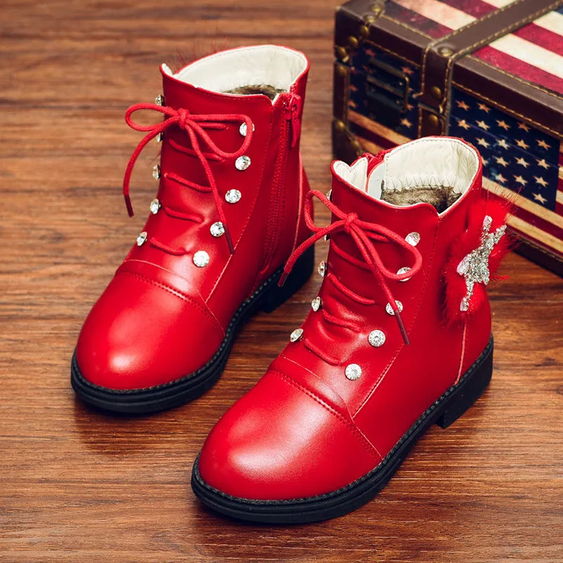 

2018 Autumn and Winter New Child Girls Martin Boots Kid's Shoes Cotton Warm Leather Boots with Rhinestone