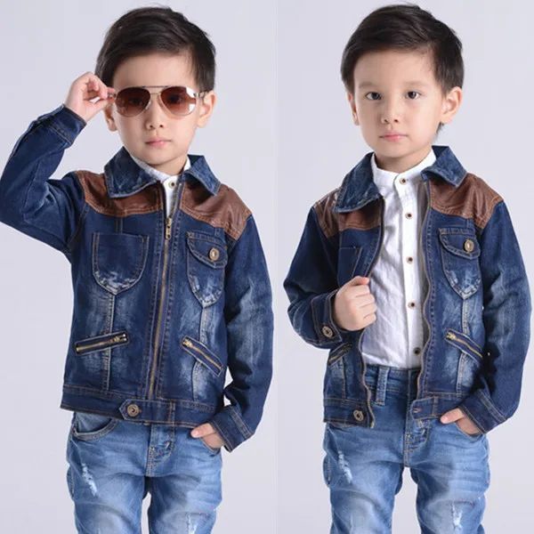 Новое поступление для мальчиков Весенняя джинсовая пальто детская Весенняя Повседневная Лоскутная джинсовая+ PU жакет на молнии Верхняя одежда для детей 3–8 лет