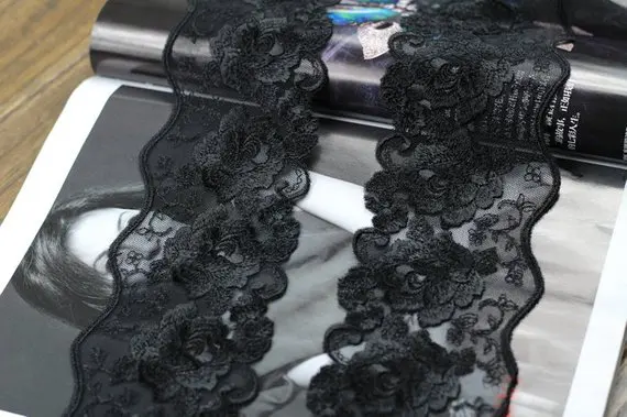 

3 Yards Black Rose Embroidered Lace Trims 3 Inches Wide