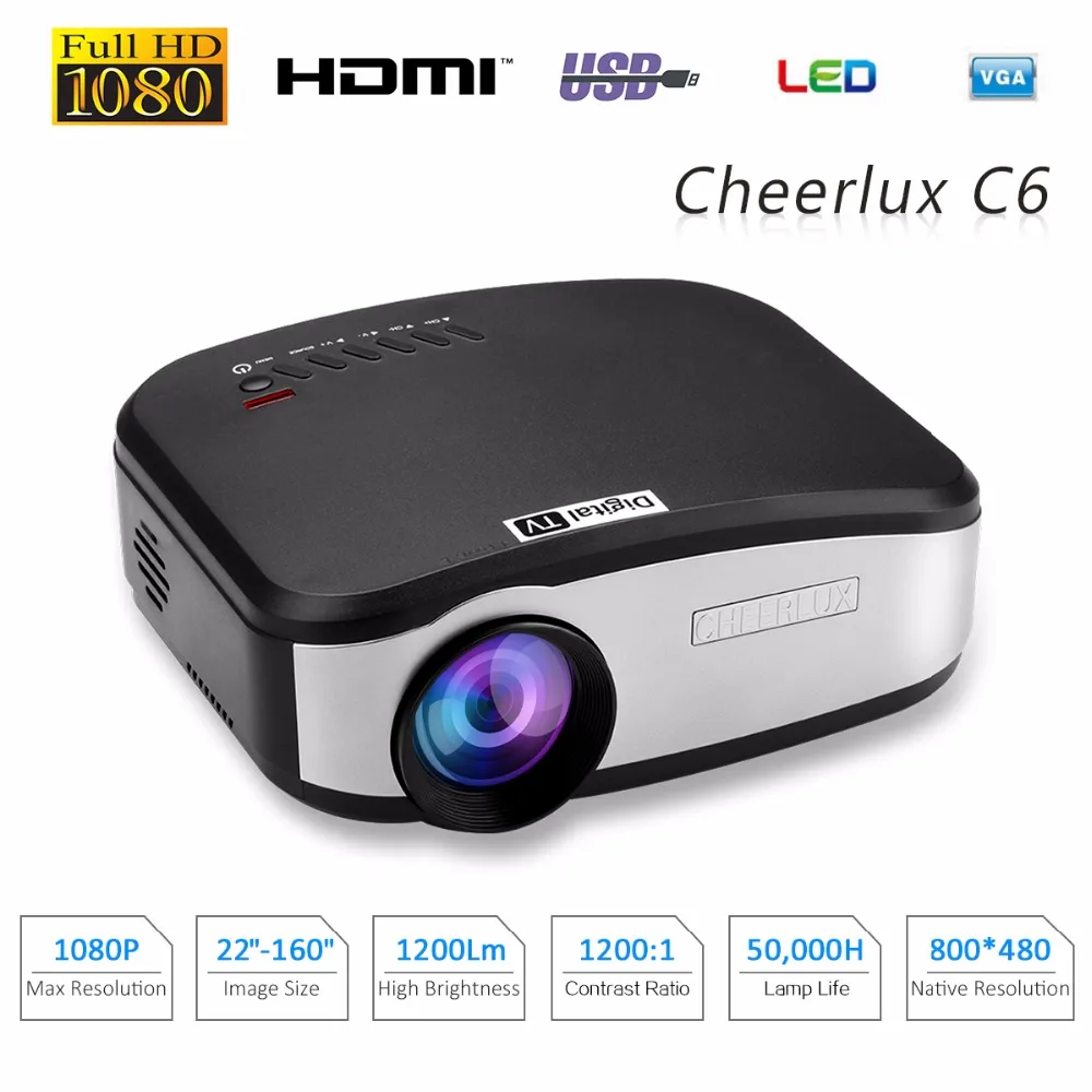 C6 Portable Mini Projectors 800x480 1080P Full HD1200 lumens Home Theater with HDMI/USB/VGA/AV