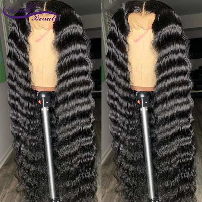 Синтетические волосы на кружеве человеческие волосы парики предварительно вырезанные для Для женщин бразильская глубокая волна 13x6