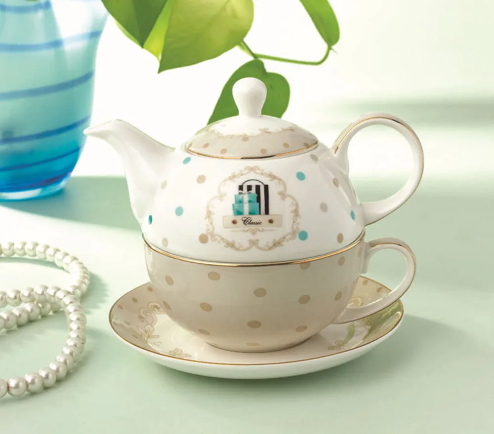 European Royal Bone China Gold Plated Dot Yellow Ceramic Round Tea-For-One-Set Stacking Teapot And Cup | Дом и сад