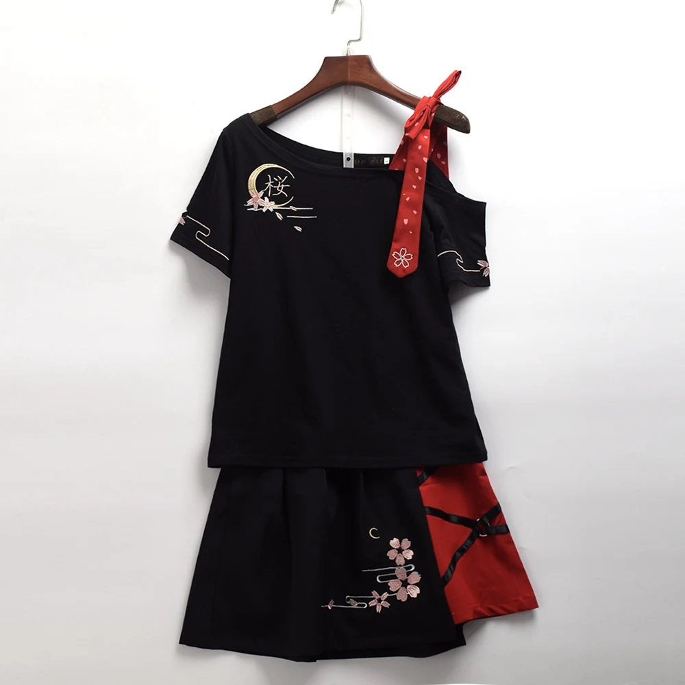 

Women Cute Black Short Sleeve T Shirt Skirt Set Japanese Style Sakura Emboridered Single Shoulder-off Outfit