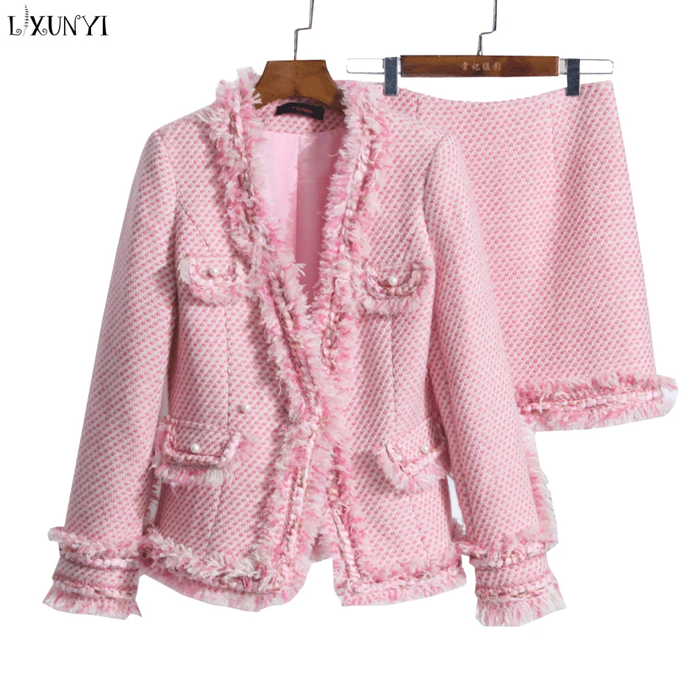 LXUNYI Pink Two Piece Set Women Tweed Skirt Suit Slim Jacket And Skirt High Quality Tassel Woolen Skirts Suits Female Elegant